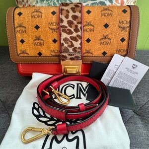 MCM Cognac Canvas and Red Leather Crossbody with Leopard Strap